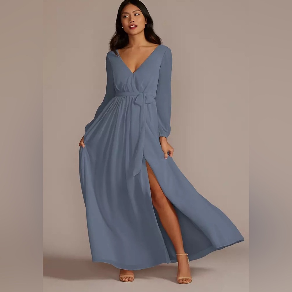 DB STUDIO Long Sleeve Steel Blue Chiffon Dress with Slit Size 14